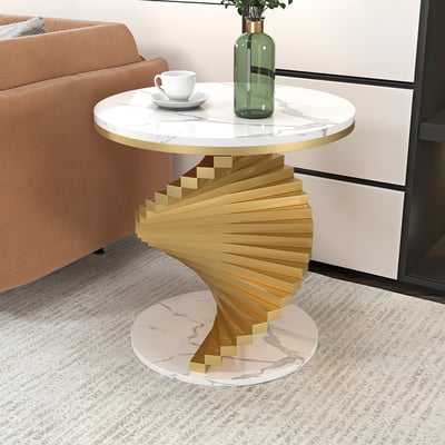 Modern White Round Metal Side Table with Faux Marble Tabletop End Table