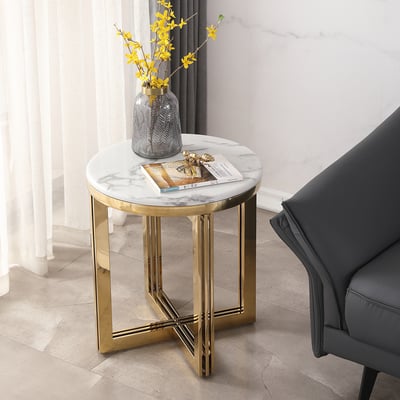 Modern Round Marble-top End Table Side Table in White & Gold