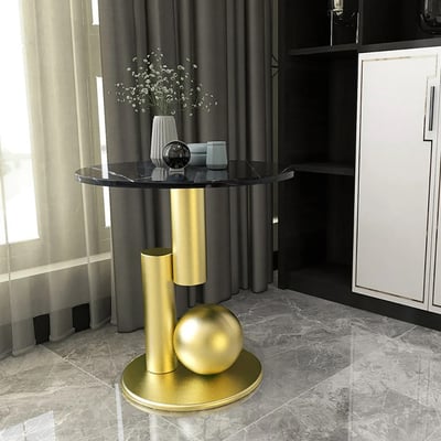 Modern Black End Table Round Marble Stone Top with Abstract Metal Base