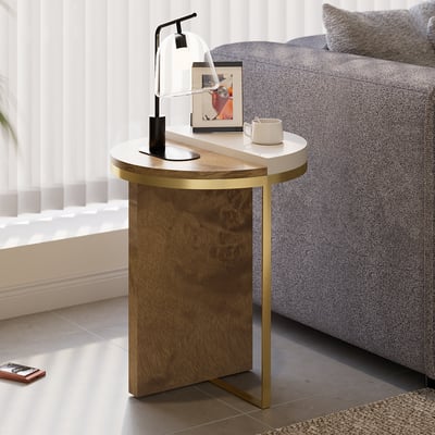 White Round Side Table with Burl Wood Gold Stainless Steel End Table