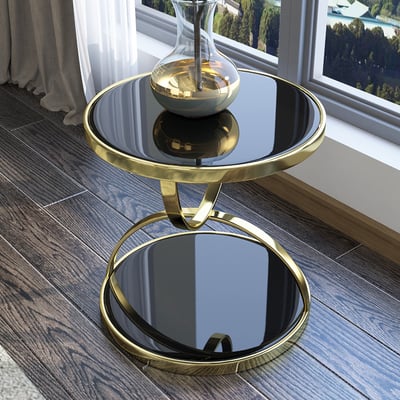 Gold Stainless Steel Side Table with Black Lacquered Glass