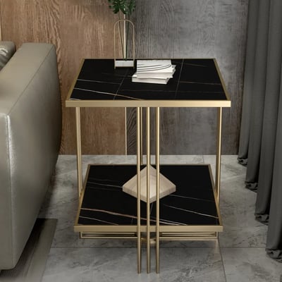 Currs Gold Glam Round End Table with Marble Top Side Table