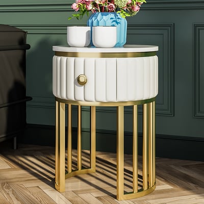 Modern End Table with Drawer Sintered Stone Top & Metal Frame Side Table in White