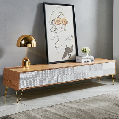 Modern Nordic Wooden TV Stand Fluted Design White & Gold with 3 Drawer