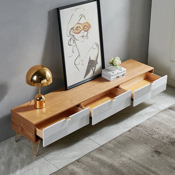 Modern Nordic Wooden TV Stand Fluted Design White & Gold with 3 Drawer