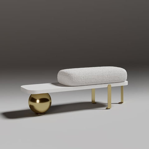 White & Gold Wooden Entryway Bench Boucle Upholstered with Abstract Metal Legs