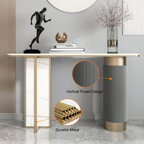 Modern White Gold Entryway Console Table Sintered Stone Top