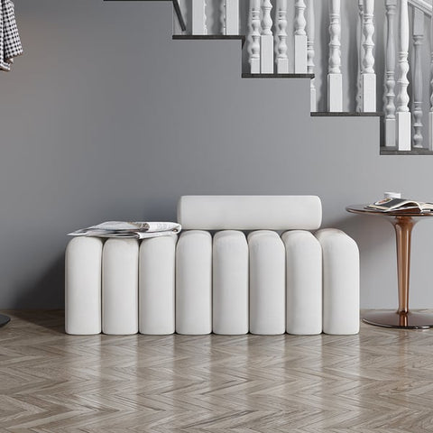 Modern Line Tufted Bench Upholstered Bench with Round Back White