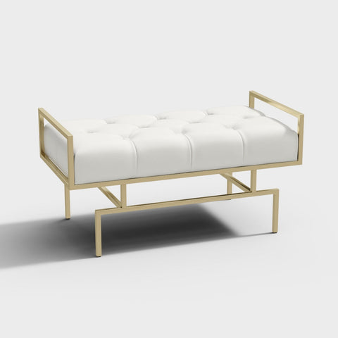 Modern Beige Entryway Bench Faux Leather Upholstered Tufted Bench Gold Legs