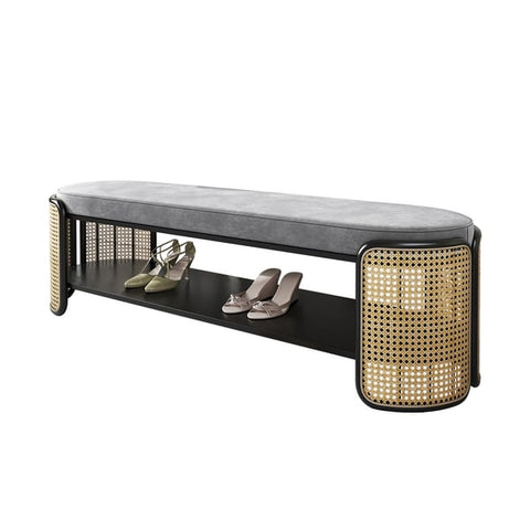 Rattan Bench Modern Gray & Natural Upholstered Entryway Bench with Shoe Storage