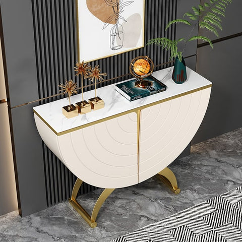 Modern Gold Console Table Sintered Stone Top Entryway Storage Cabinet with Doors
