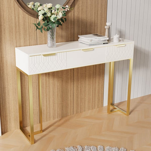 Aro White & Gold Modern Console Table Rectangular Accent Table Entryway Drawers