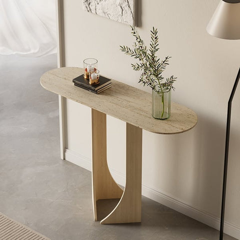 Oval Travertine Stone Console Table Modern Entryway Table with Abstract Base
