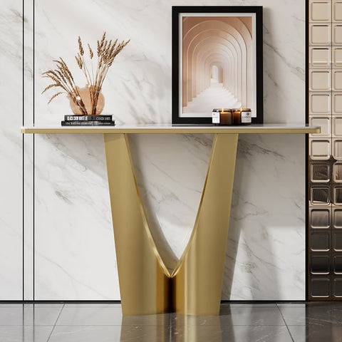 Art Deco White & Gold Console Table with Sintered Stone Top & Stainless Steel Base