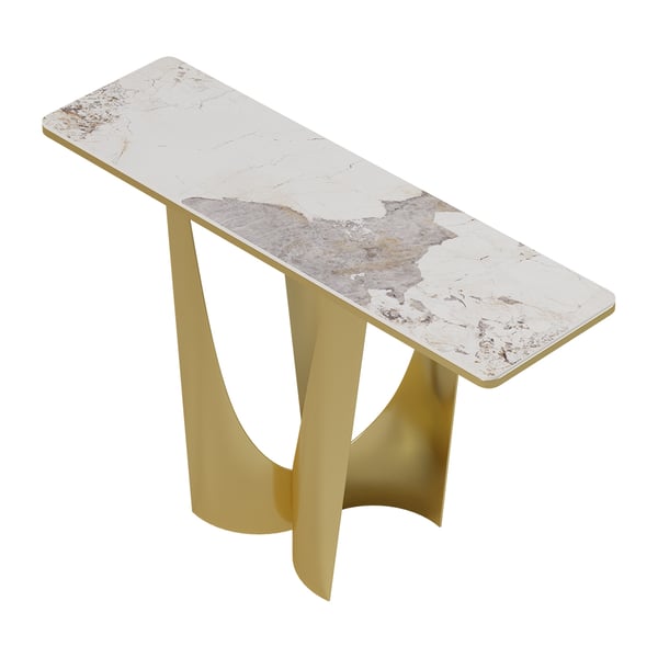 Art Deco White & Gold Console Table with Sintered Stone Top & Stainless Steel Base