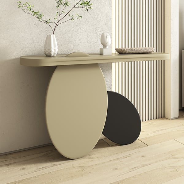 Modern Console Table Oval Wood Entryway Table with Circle Base Light Khaki