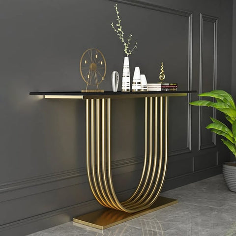 Black Solid Wood Narrow Console Table Gold Metal Pedestal Entryway Table