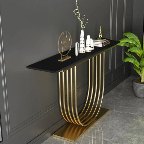 Black Solid Wood Narrow Console Table Gold Metal Pedestal Entryway Table