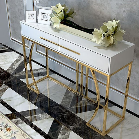 Modern White MDF Top Console Table with Drawers & Gold Stainless Steel Legs for Entryway