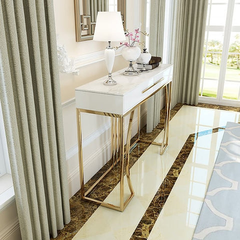 Modern White MDF Top Console Table with Drawers & Gold Stainless Steel Legs for Entryway