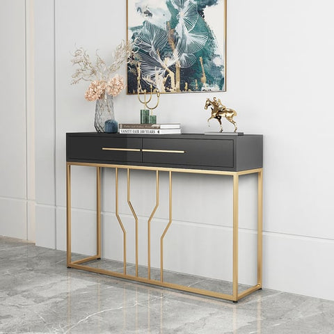 Narrow Console Table with Drawers Wood Top in Black