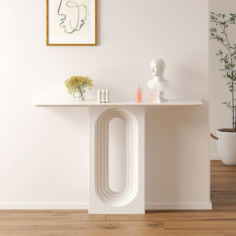 Modern Narrow Wood White Console Table with Geometric Pedestal Entryway Table