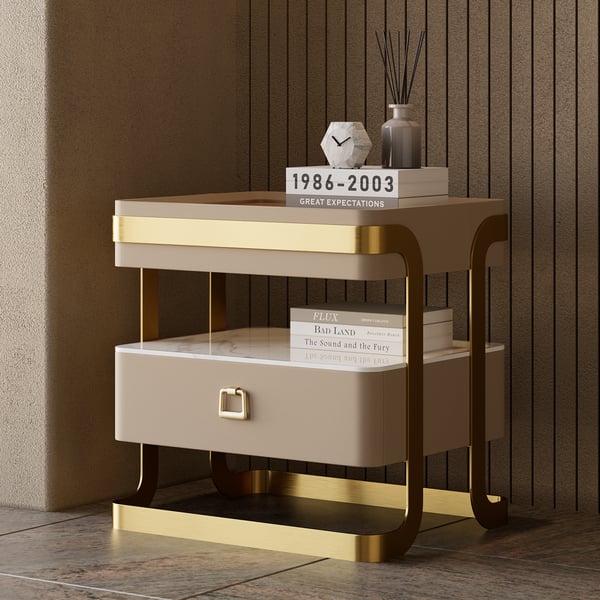 Chic Simplicity: PU Polished Side Table with PVD SS304 Handles