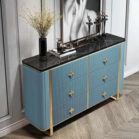 Modern Blue Dresser Faux Marble Top Cabinet with 6 Drawers in Gold