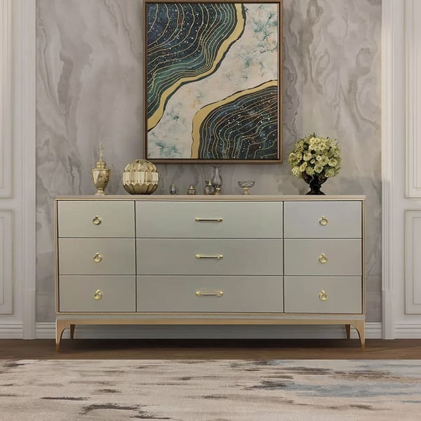 Contemporary 9-Drawer Champagne Bedroom Dresser for Storage in Gold