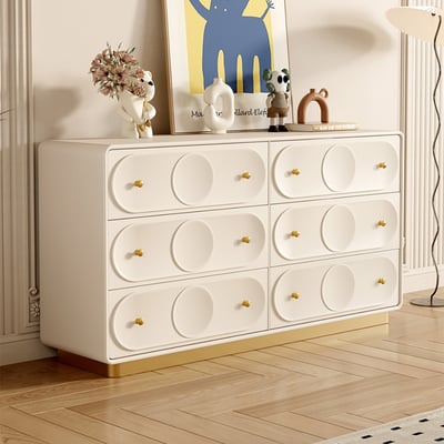 Art Deco White & Gold 6 Drawer Dresser Chest with Storage Cabinet