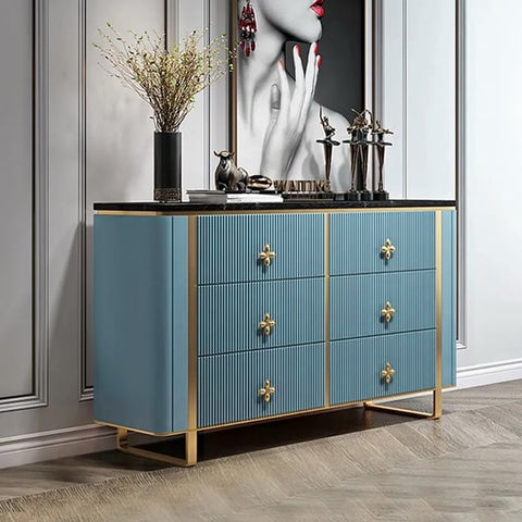 Modern Blue Dresser Faux Marble Top Cabinet with 6 Drawers in Gold