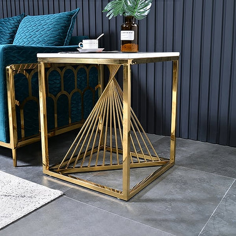 3-Tiered White & Gold End Table with Shelf Marble Top & Metal Frame Side Table