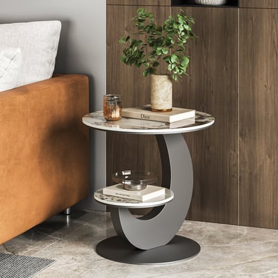 White & Gold Faux Marble Side Table 2 Tier Round End Table Modern Simplicity Living Room