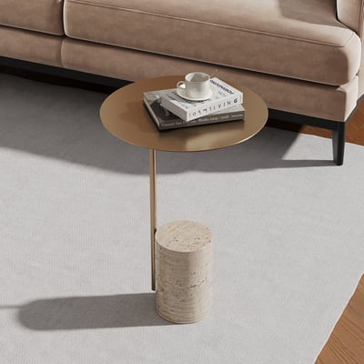 Beige Modern Stone Travertine Side Table with Stainless Steel in Gold Frame