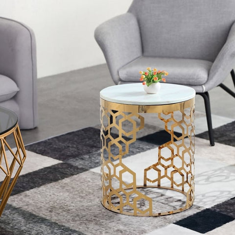 White Sintered Stone Top Side Table with Storage and Geometric Gold Frame