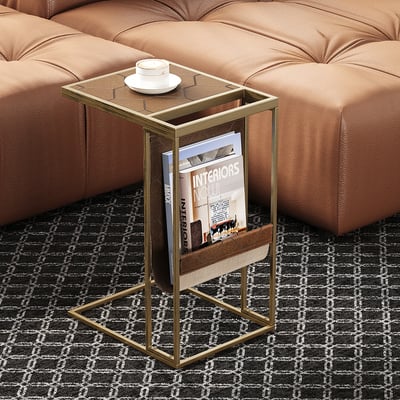 Duo Modern White Side Table with Sintered Stone Top End Table with Gold Base