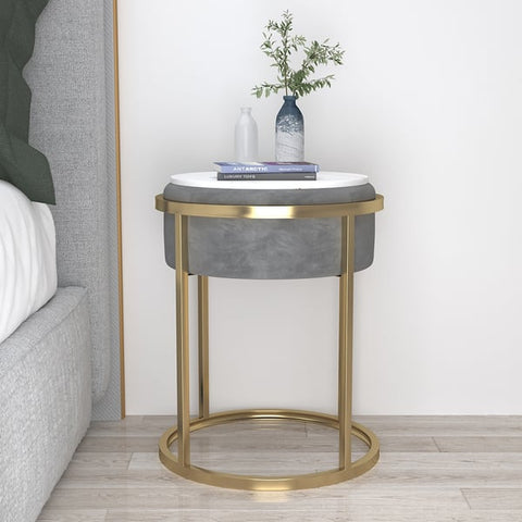 Gray Round Sintered Stone Side Table Velvet Gold Finish Modern End Table