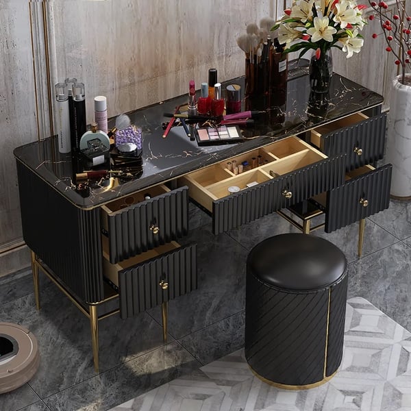 Bline Black Makeup Vanity Table Marble Dressing Table with Drawers Gold Stainless Steel