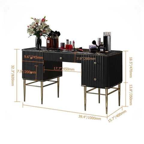 Bline Black Makeup Vanity Table Marble Dressing Table with Drawers Gold Stainless Steel