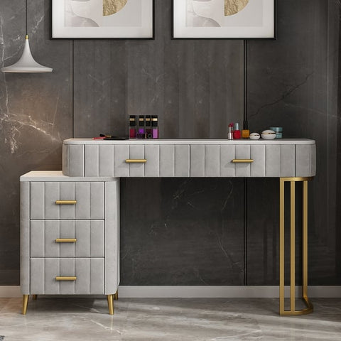 Modern Velvet Upholstered Makeup Vanity Table Expandable Dressing Table with Cabinet