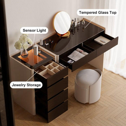 Modern Walnut Makeup Vanity with Light Dressing Table with Jewelry Storage & Cabinet