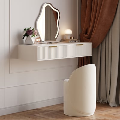 Modern White Floating Makeup Vanity Set with Drawers Dressing Table with Stool & Mirror