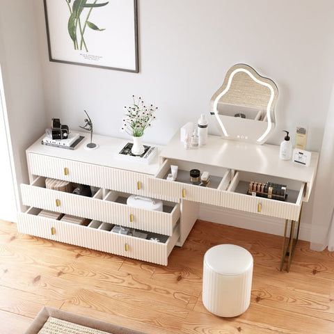 Modern White Makeup Vanity Set with 6-Drawer Cabinet Dressing Table with Stool & Mirror