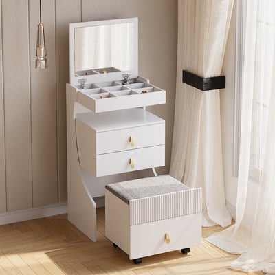 Modern White Makeup Vanity Set with Mirror Mini Dressing Table with Stool