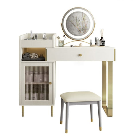 Modern White Retractable Makeup Vanity Set with Side Cabinet Dressing Table with Light