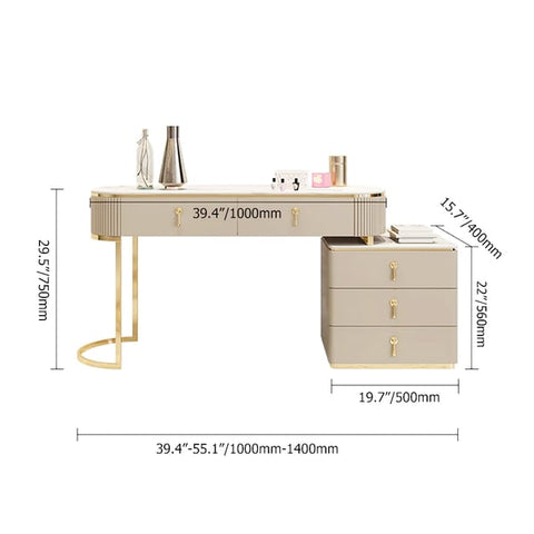 Nordic Makeup Vanity Extendable with 5-Drawer Dressing Table with Stone Top in Champagne