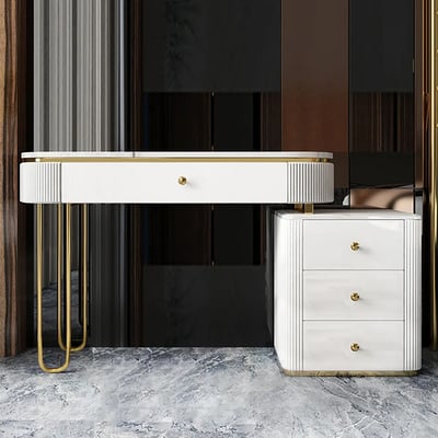Oboval Modern Makeup Vanity Table with Side Cabinet 4 Drawers & Faux Marble Top in White