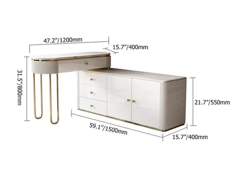 Oboval Modern Marble Top Makeup Vanity Dressing Table with Corner Cabinet