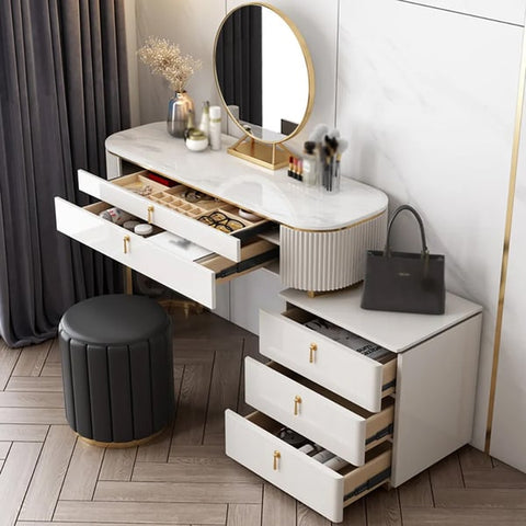Pewter Modern 5-Drawer White Makeup Vanity Table Mirror & Side Cabinet Included