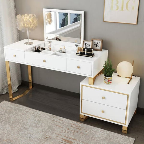 White 2-in-1 Makeup Vanity with Flip Top Mirror & 4 Drawers Modern Writing Table